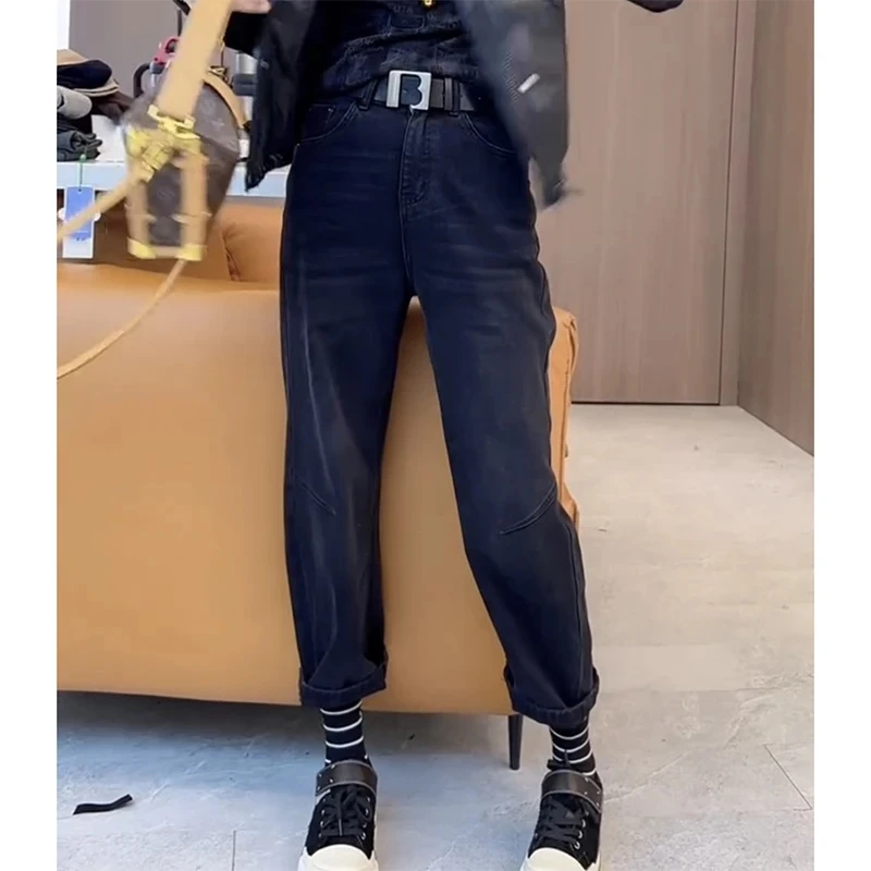 大码女装秋冬新款加绒九分牛仔奶奶裤女显瘦哈伦裤遮肉洋气老爹裤