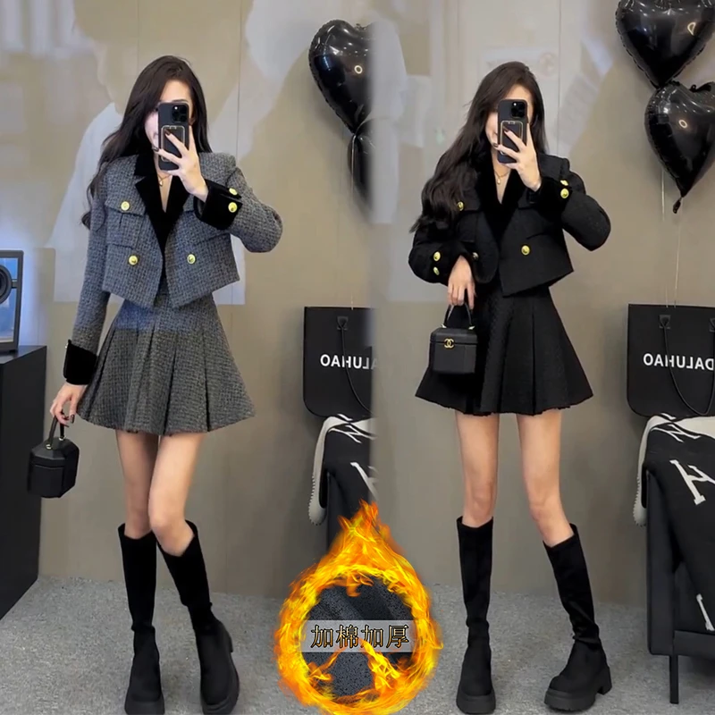 2024年秋冬新款小香风套装气质减龄西服领短款上衣洋气百褶裙9286