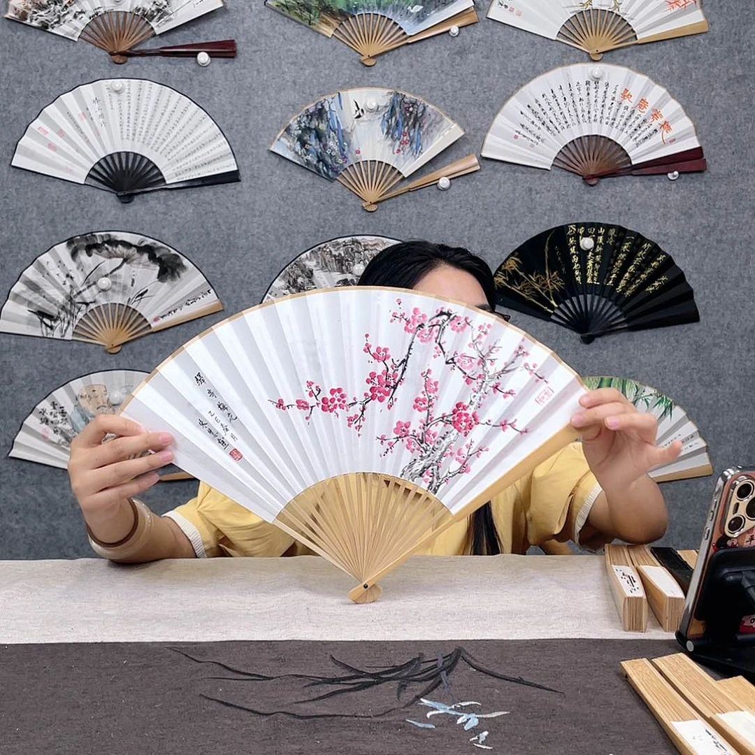 国画95寸玉竹-纯手绘-文玩扇骨（默认粘好）梅花