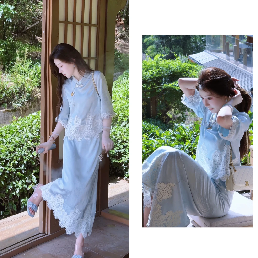 【婷婷】《在水一方》提花浅蓝国风 长短裙小衫套装 TTH2SX372【Q】