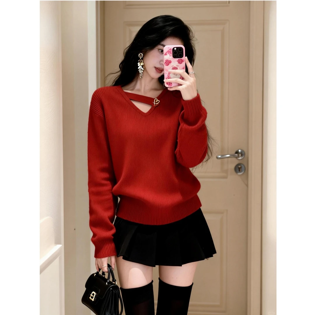 2025冬季新款法式轻奢时尚气质女装爆款洋气绝美红色毛衣针织衫女