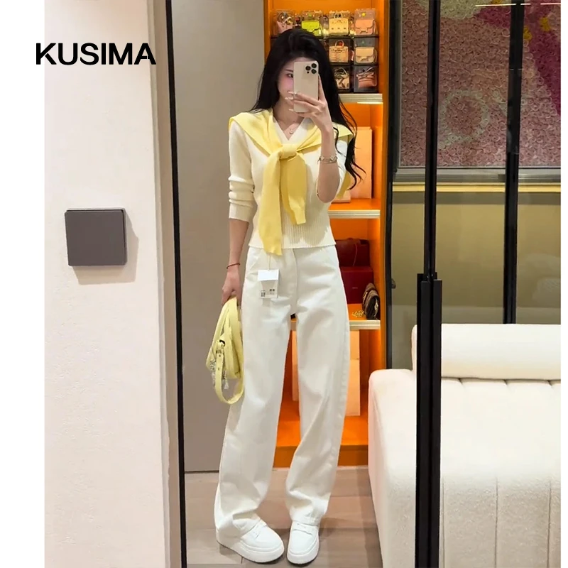 白色不透弯刀牛仔裤女2025新款秋季高腰小众宽松显瘦百搭弯刀裤潮