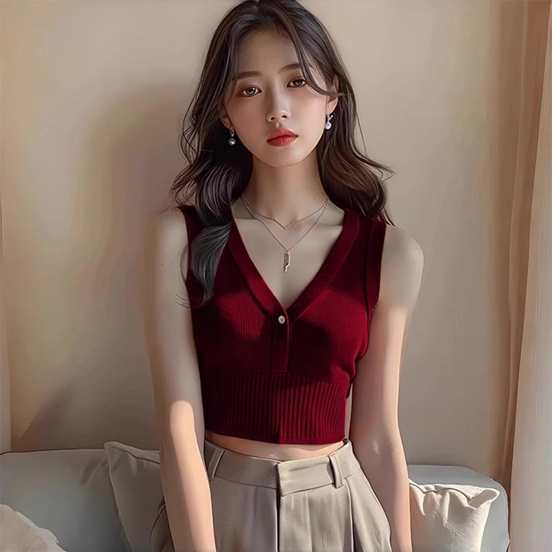 橘红色吊带2024针织无袖夏季女背心打底泰式独特别致上衣绝美v领