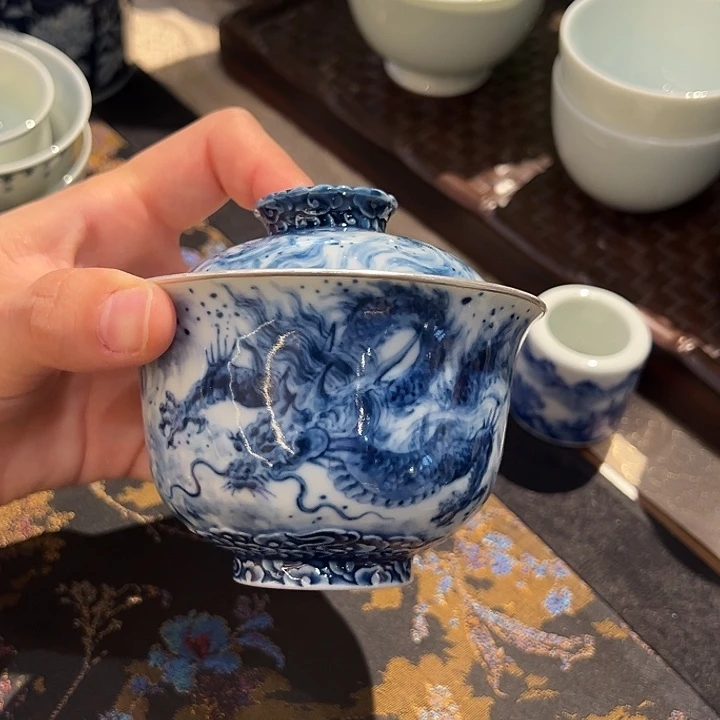 达*文钟家窑柴窑水墨玄龙二才盖碗