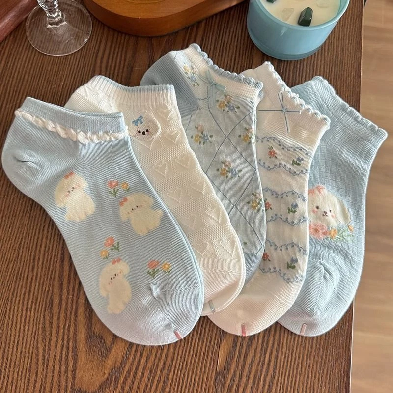 可爱小狗袜子女夏季薄棉短袜低帮浅口花边日系蝴蝶结无骨不掉JY