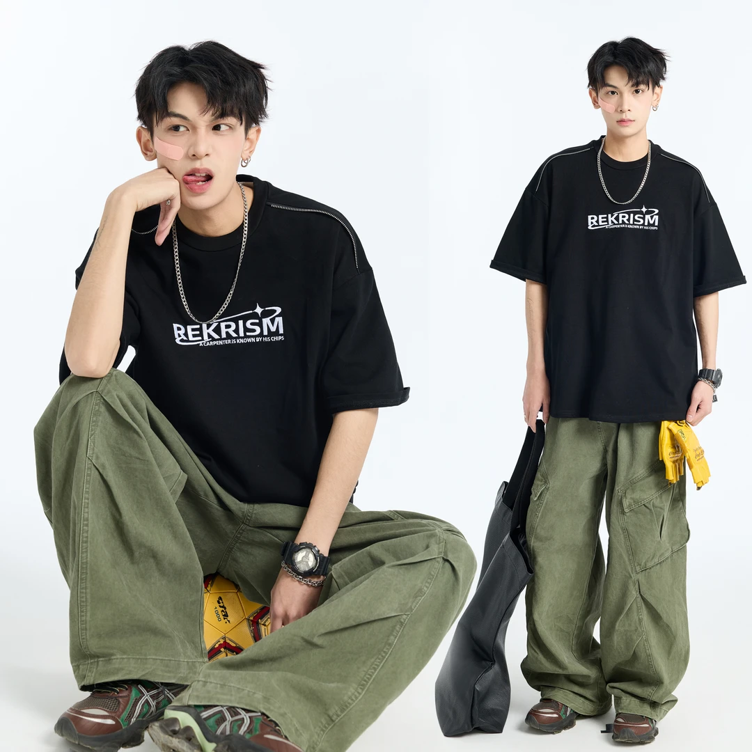 GL字母刺绣短袖T恤男生夏季薄款重磅圆领五分袖上衣潮牌半截袖