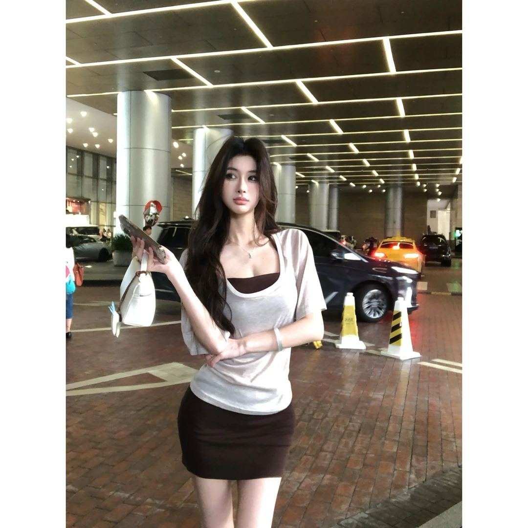 气质u领短袖五分袖挂脖胸垫背心半身裙长裤套装01656