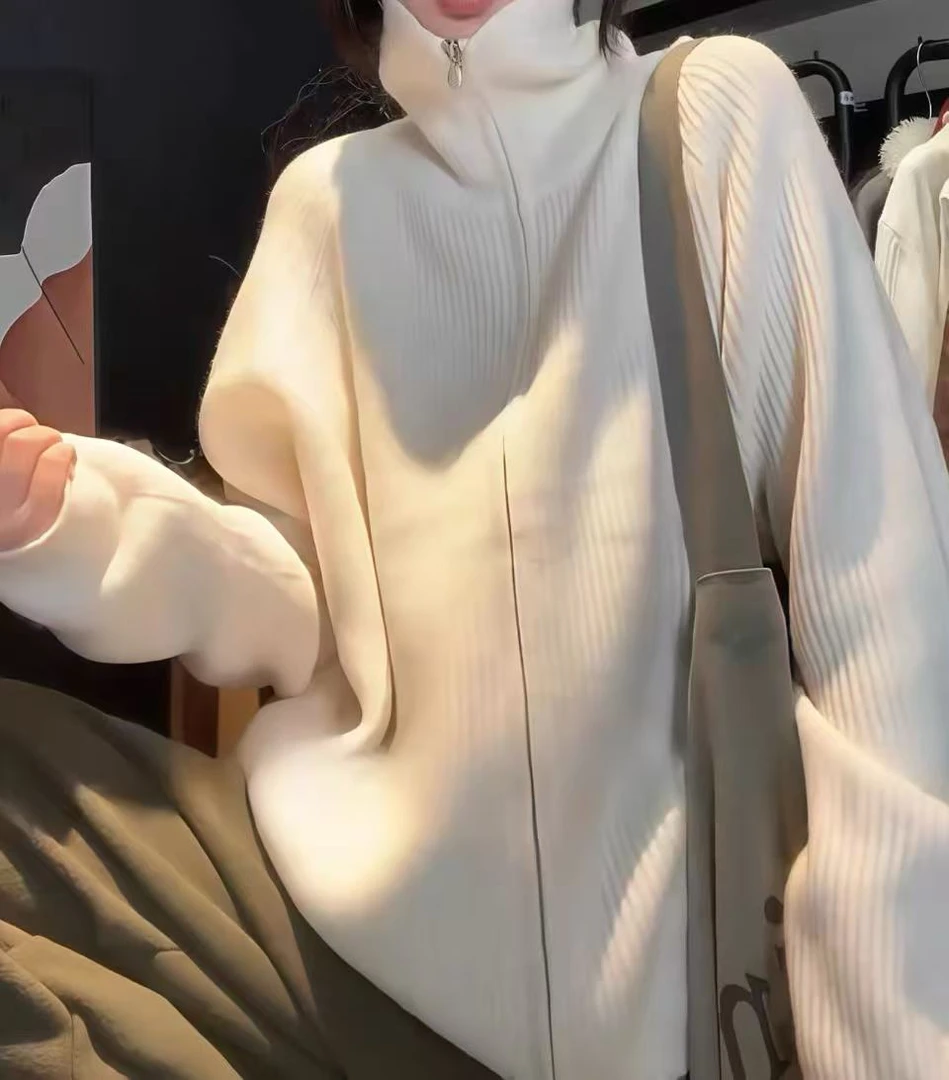 0423 Y113慵懒风高领拉链长袖针织开衫女2025新款秋冬8201