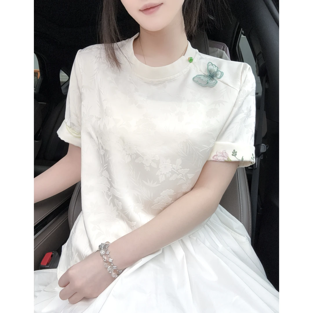 【砚白】设计师款夏季短袖绣花丝滑舒适女装百搭透气精致新款提花