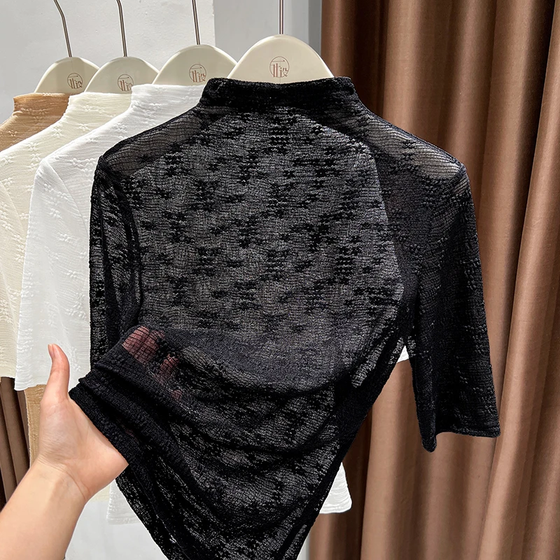 高级感黑色五分袖设计半高领蕾丝打底衫上衣女2025新款透视T恤薄