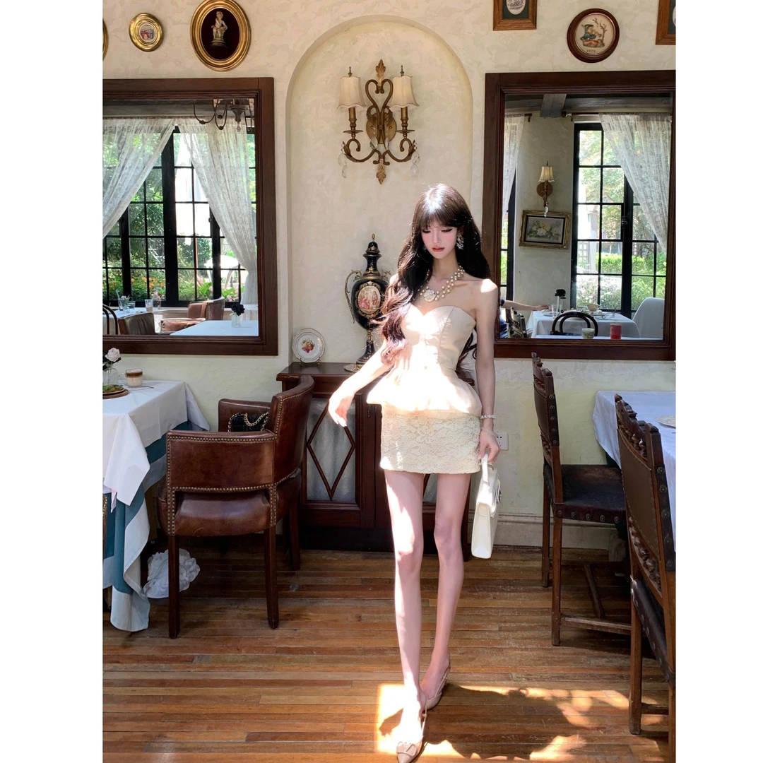 【反转芭蕾】2025夏季新款气质名媛古早穿搭蕾丝拼接包臀连衣裙短裙