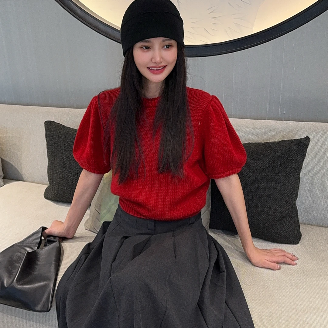LULU BUNNY  淑女型 100羊毛泡泡袖毛衣短款上衣针织衫