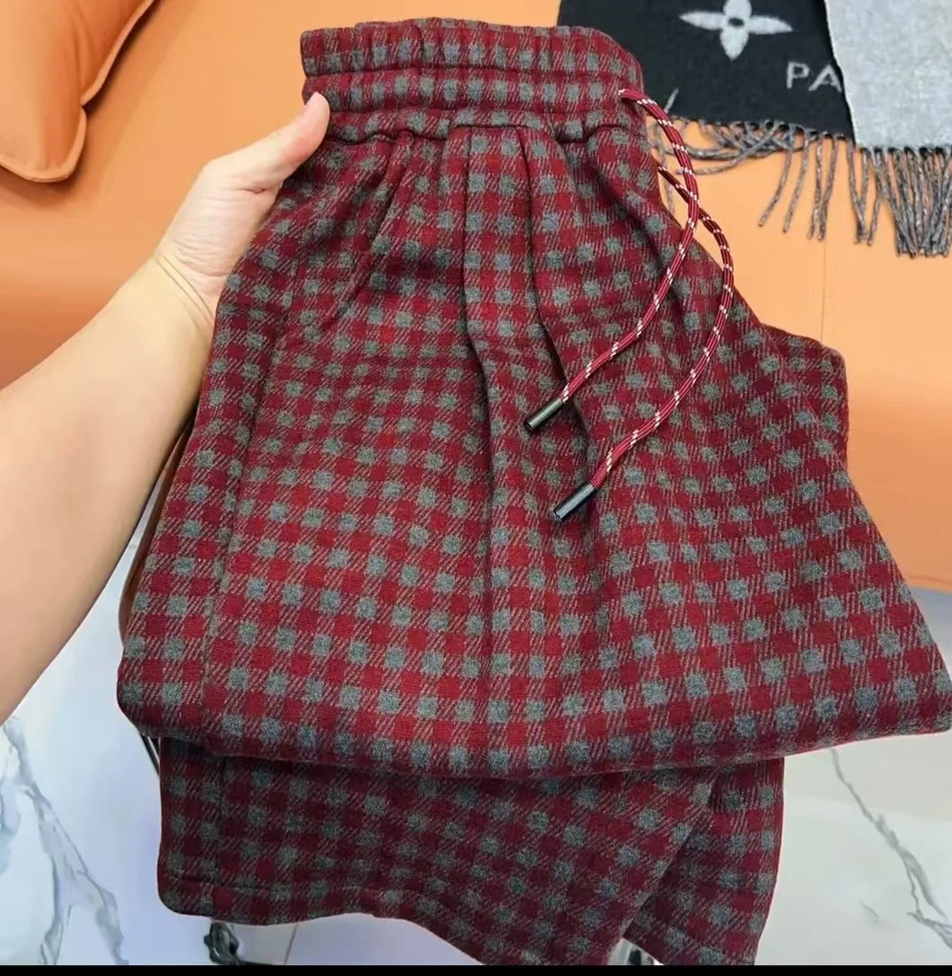 【细格休闲裤】澳绒保暖秋冬显瘦阔腿拖地休闲裤 16539(6125)