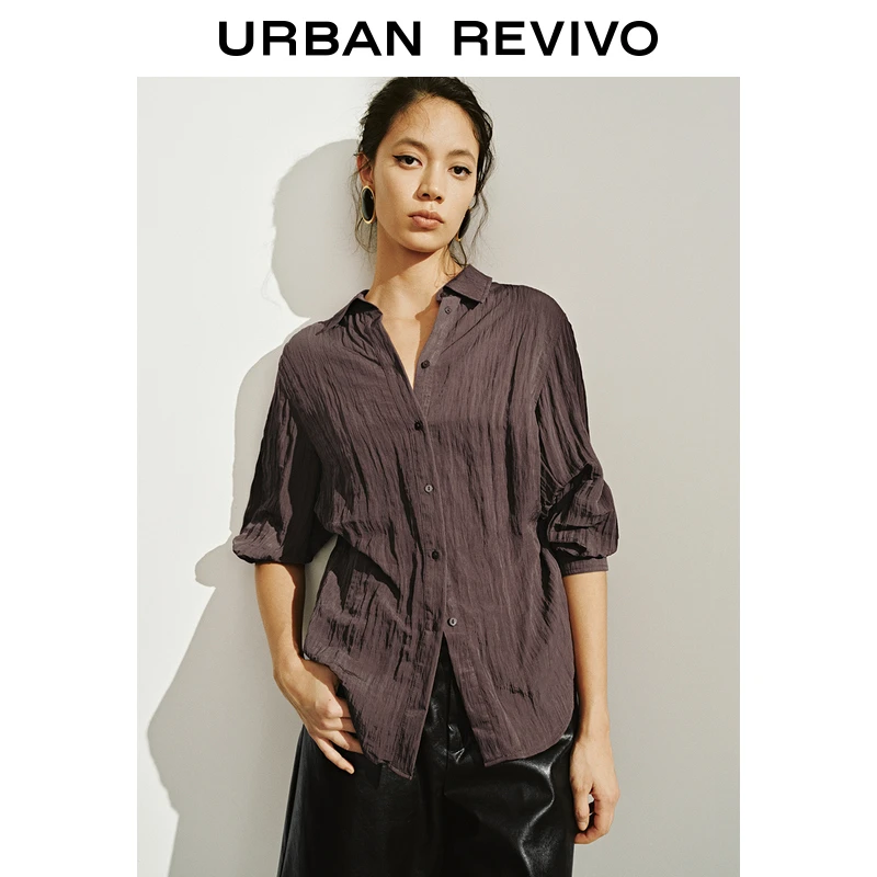 UR2025春季新款女装欧若风摩登通勤肌理感收腰开襟衬衫UWH250019
