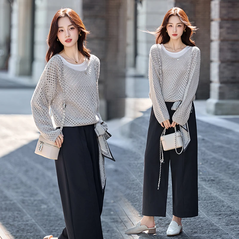 复古港风风时尚三件套装2025春秋洋气气质阔腿裤显瘦休闲镂空宽松