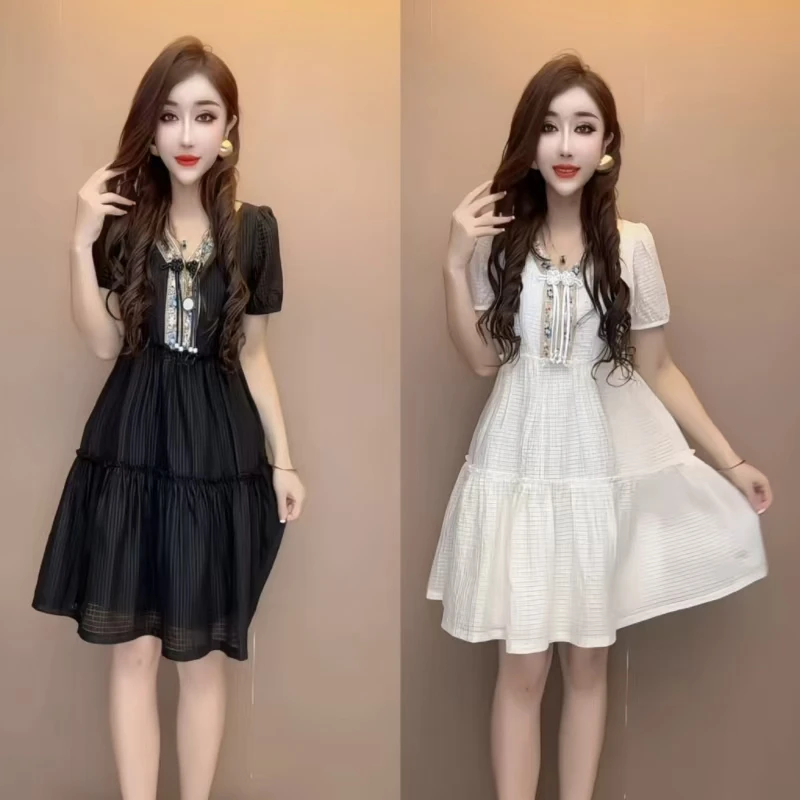 V领复古夏季国风连衣裙短袖裙子夏装蕾丝减龄连衣裙