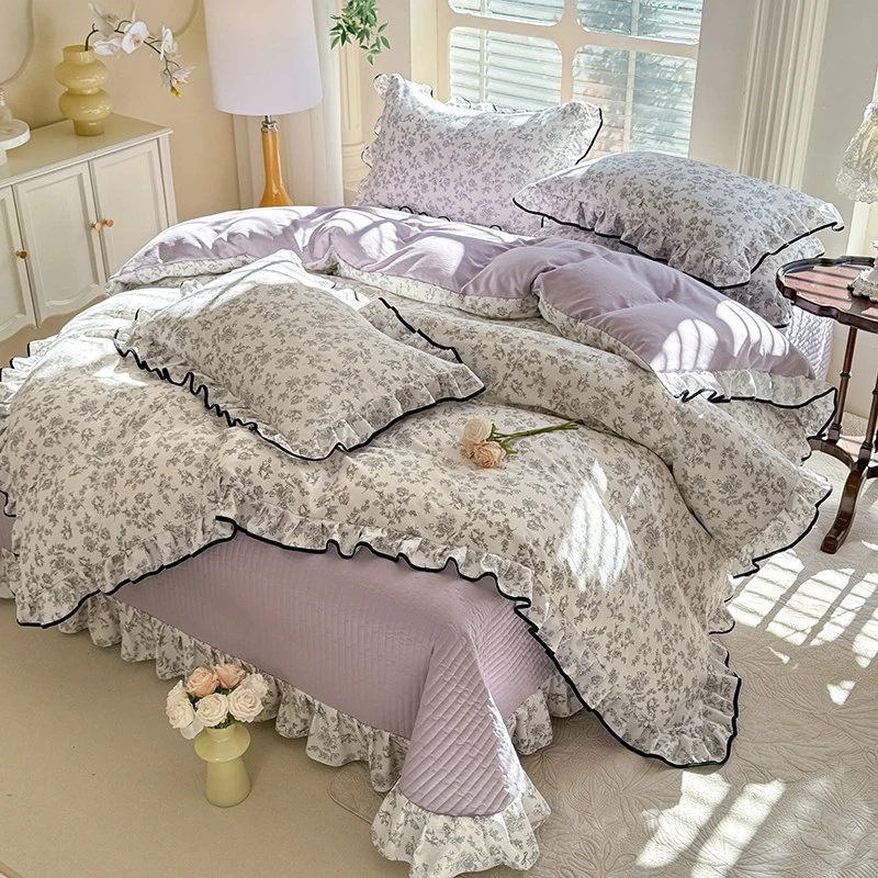 【花边款床盖四件套】韩版针织双层纱四件套亲肤透气可机洗夹棉床盖