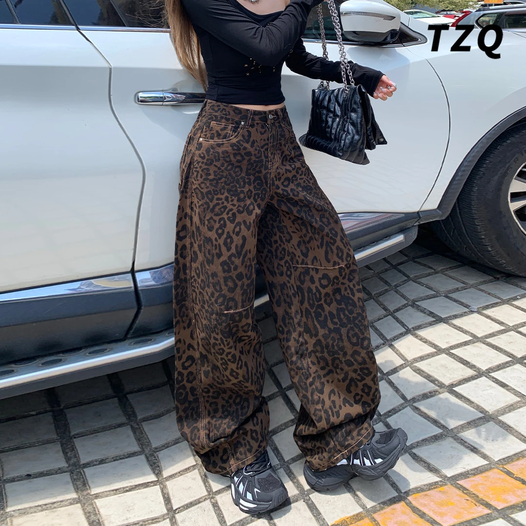豹纹弯刀牛仔裤女美式复古宽松阔腿裤秋百搭小众镰刀裤TZQ2591654