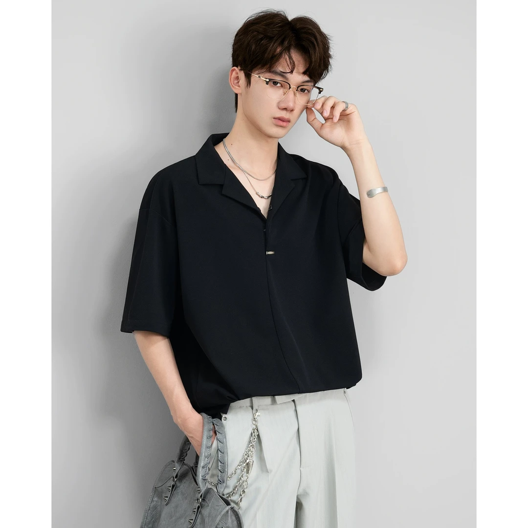 黑色短袖衬衫男士2025年夏季新款冰丝凉感古巴领韩版商务休闲衬衣