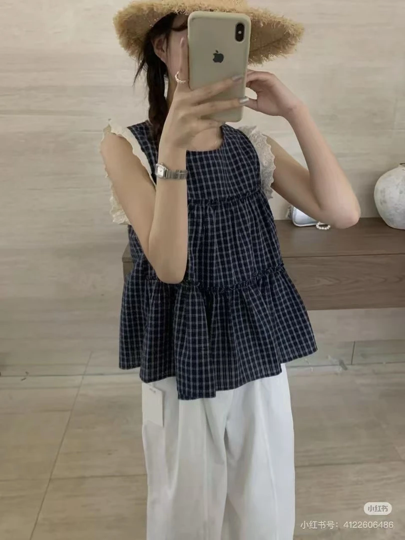 夏季韩系法式小众宽松格子无袖衬衫女飞飞袖上衣娃娃装小衫
