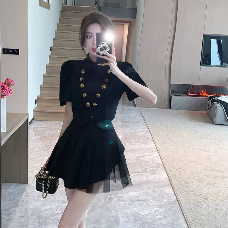 百褶裙网纱套装法式小香风气质显瘦两件套A212