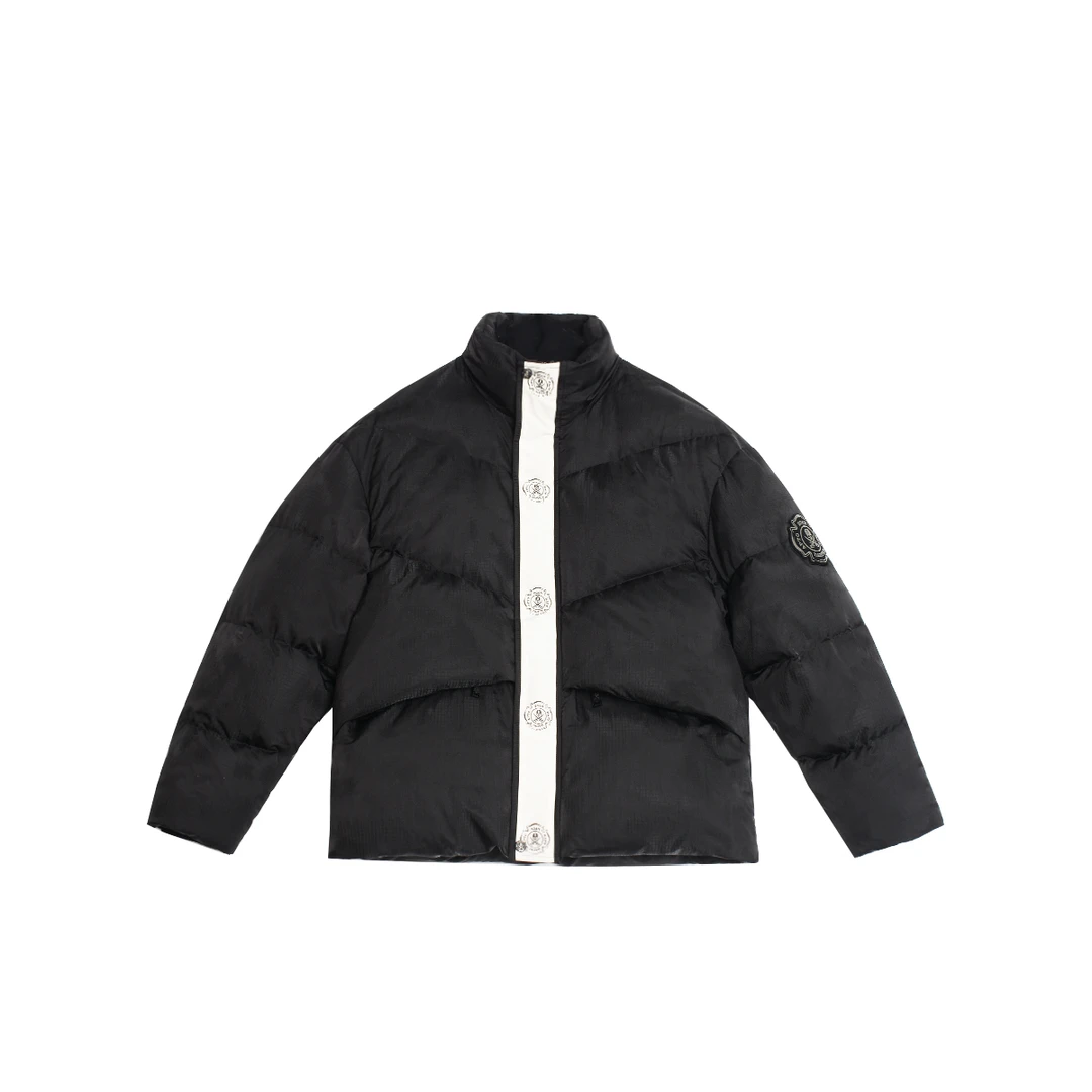 冬季90白鸭绒拼接刺绣骷髅徽章立领男羽绒服休闲保暖轻奢潮流外套