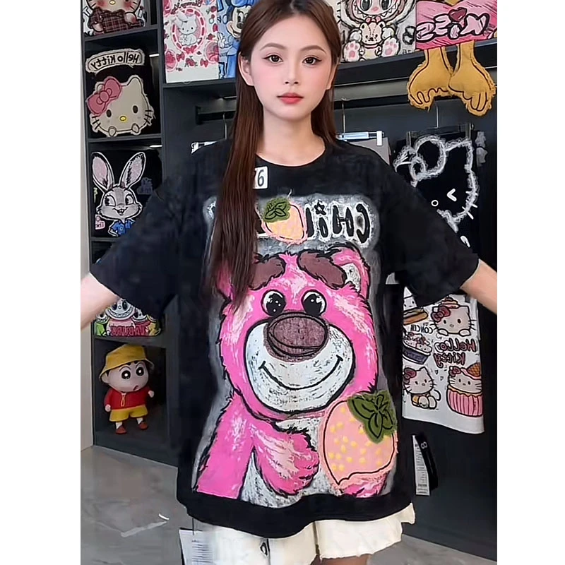 （8676）y2025新款卡通印花短袖t恤女磨毛加厚减龄宽松显瘦上衣女