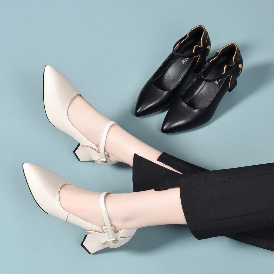 2025新款单鞋尖头高跟鞋米色高级感轻奢女鞋真皮牛皮女士宴会鞋子