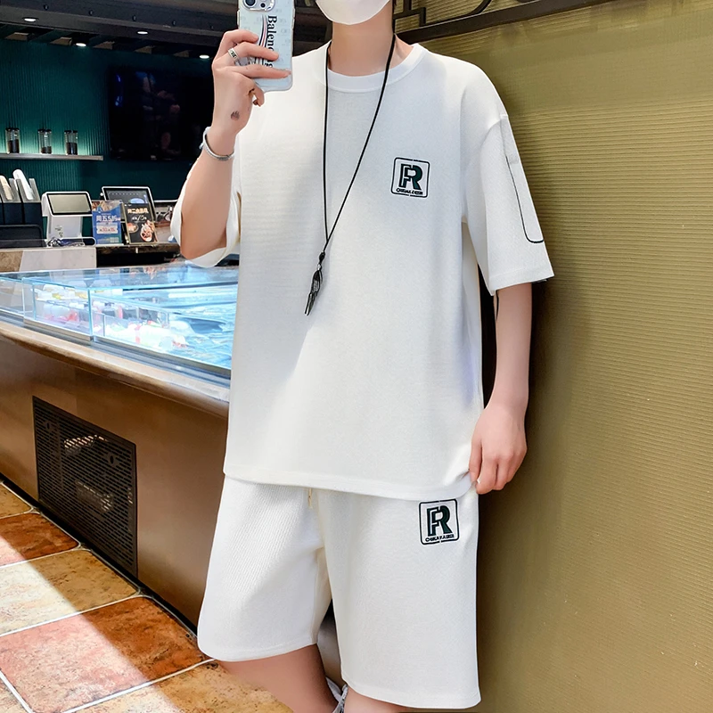 男士宽松透气简约半袖跑步穿搭一套夏季薄款速干透气休闲运动套装