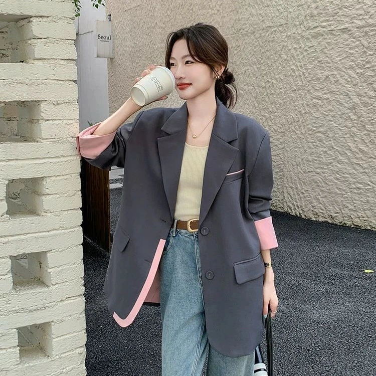 灰色时尚拼接撞色西装外套女春秋2025新款休闲宽松气质高级感西服