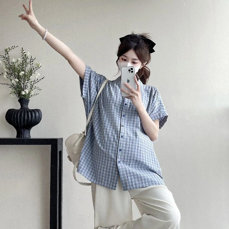 【雅妃家】孕妇夏装2025新款温柔风宽松休闲上衣服时尚格子衬衫夏季