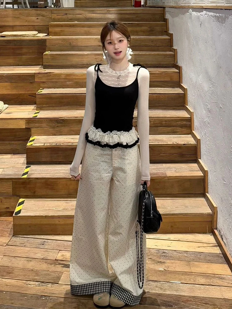 韩系ins小香风荷叶花边假两件长袖T恤女春秋季撞色拼接吊带上衣潮