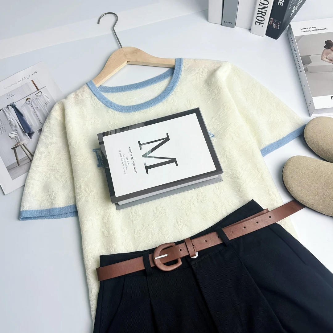 玲姐定制-圆领字母款提花短袖薄款针织短袖89423