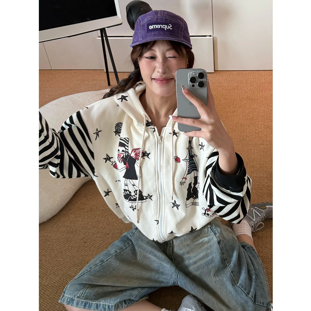 复古条纹y2k星星印花连帽开衫卫衣外套女春秋宽松休闲百搭上衣