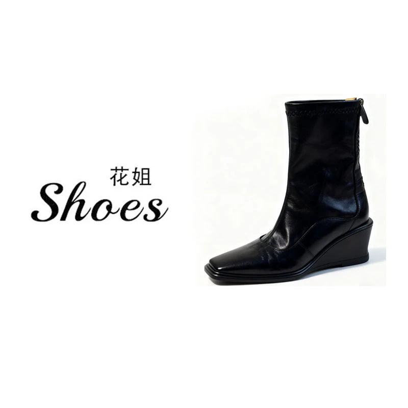 Sy08-8水洗皮面~坡跟厚底增高弹力瘦瘦靴女方头软皮后拉链短靴