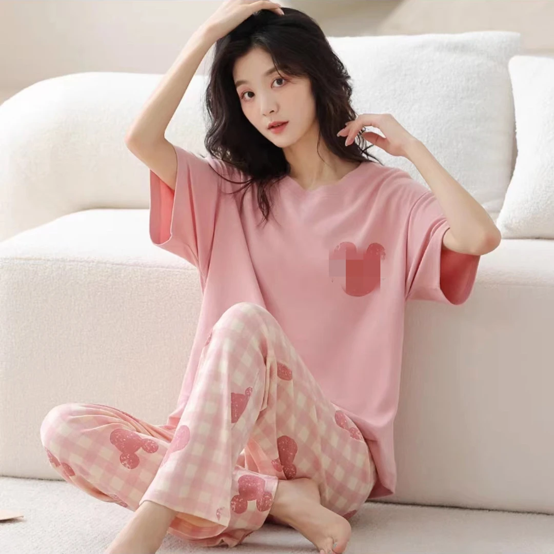 2025年夏季新款睡衣女带胸垫短袖长裤纯棉卡通可外穿家居服套装