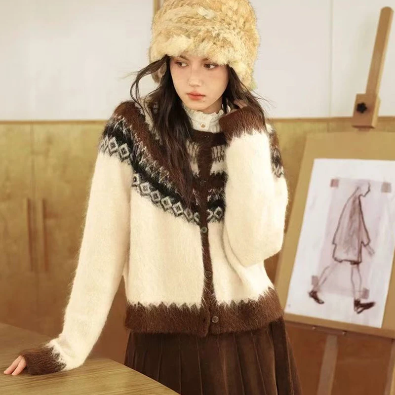 【咖啡名族风开衫】羊驼长毛拉毛小个子短款针织开衫女毛衣FFN3081