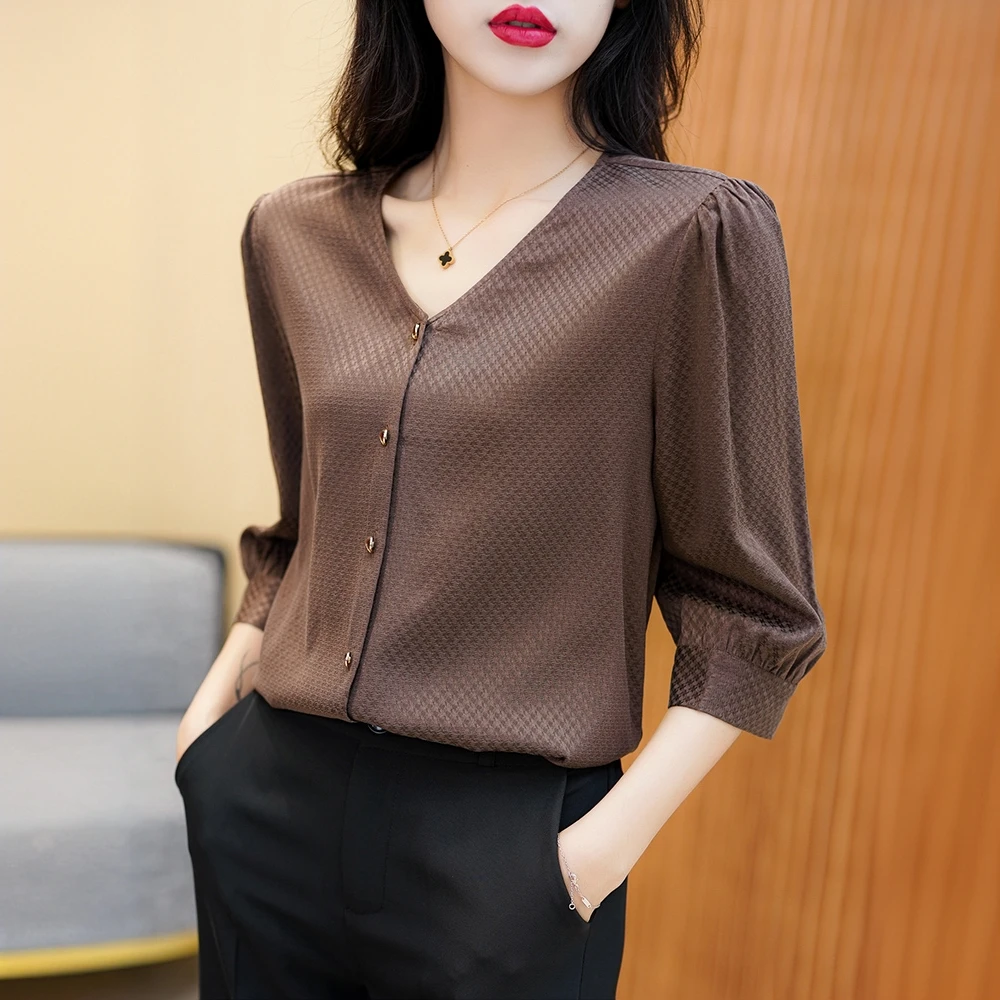 元杉百搭重磅T恤真丝衬衫女2024早春缎面V领桑蚕丝七分袖打底衬衣