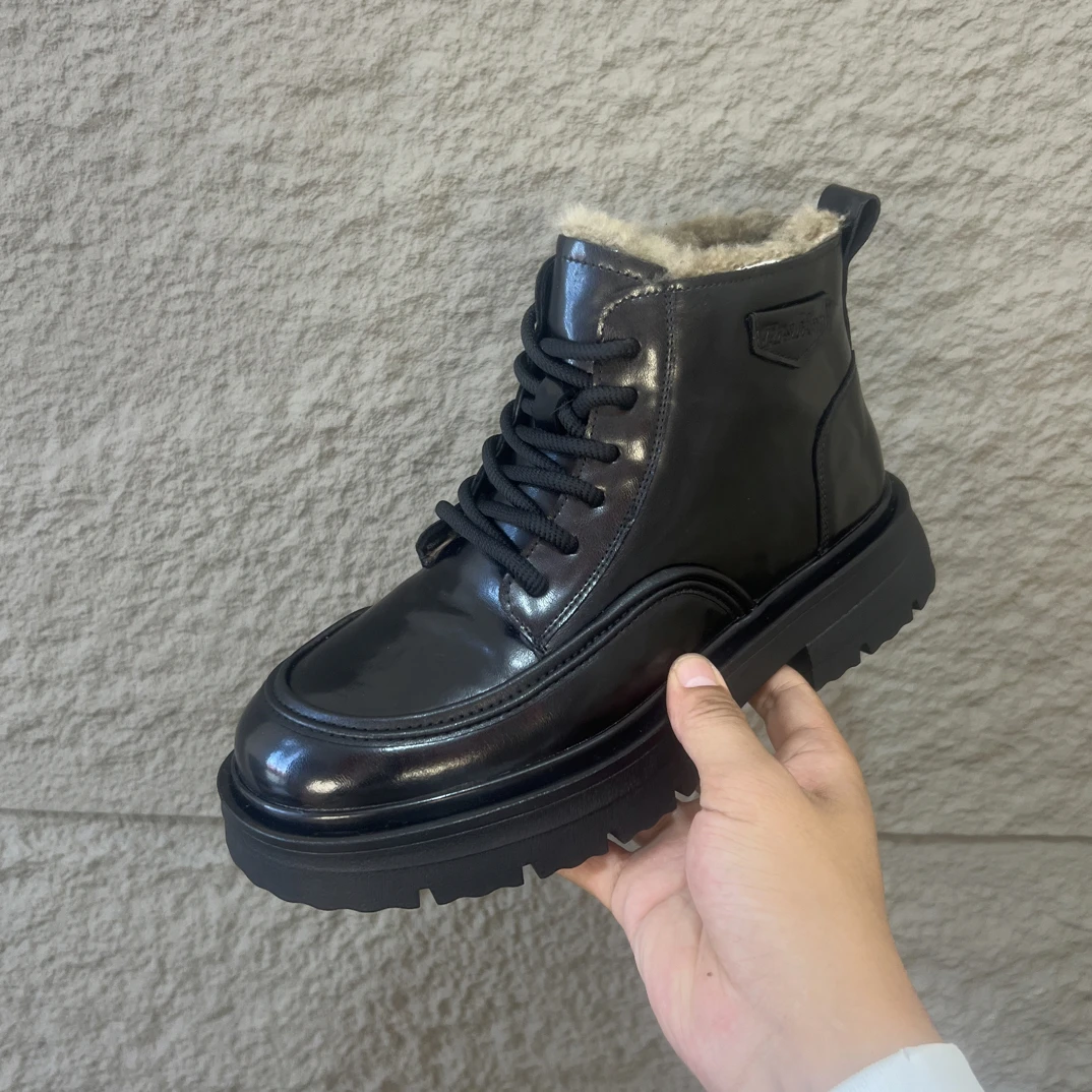 56252加厚男士百搭黑色厚底皮鞋冬季系带款圆头真皮高帮时尚男鞋