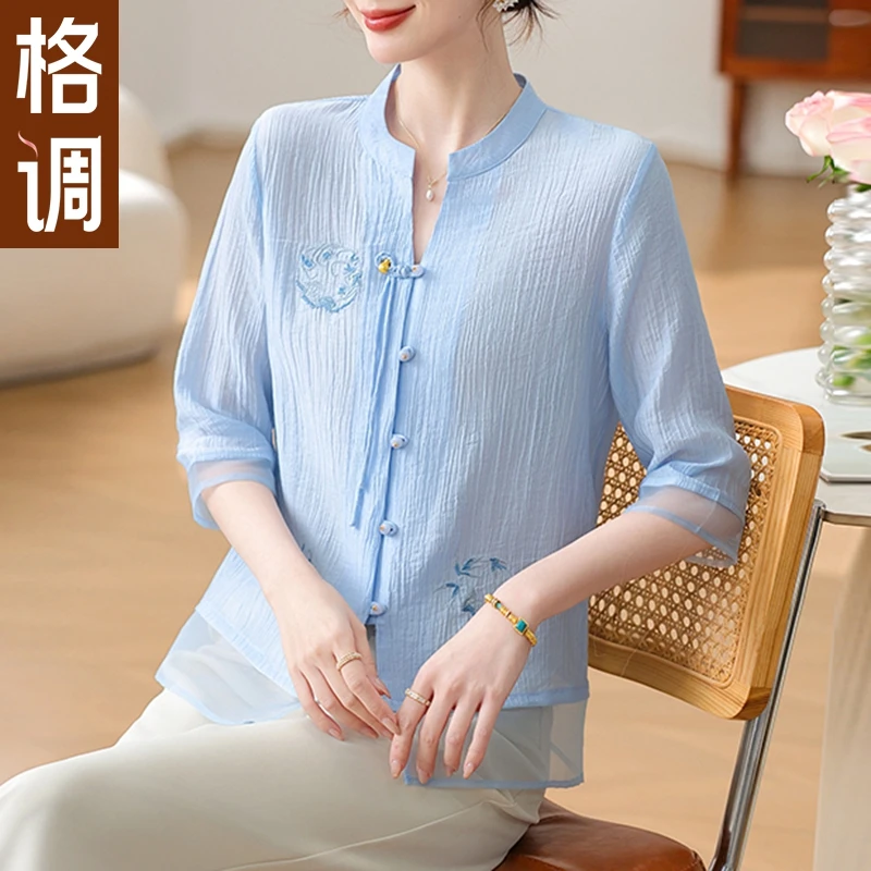 格调妈妈装夏季2025新款中式雪纺小衫中年时尚减龄七分袖T恤上衣