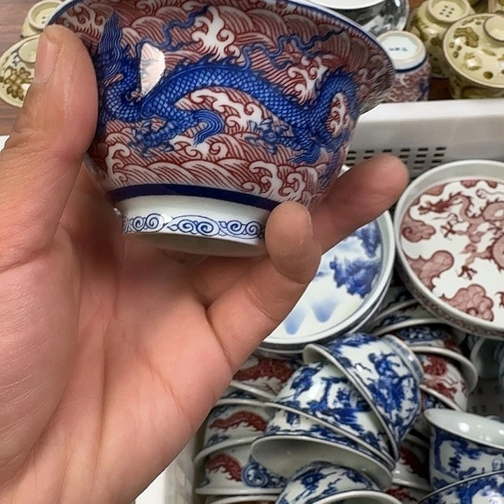 瓷片釉里红海水龙大压手