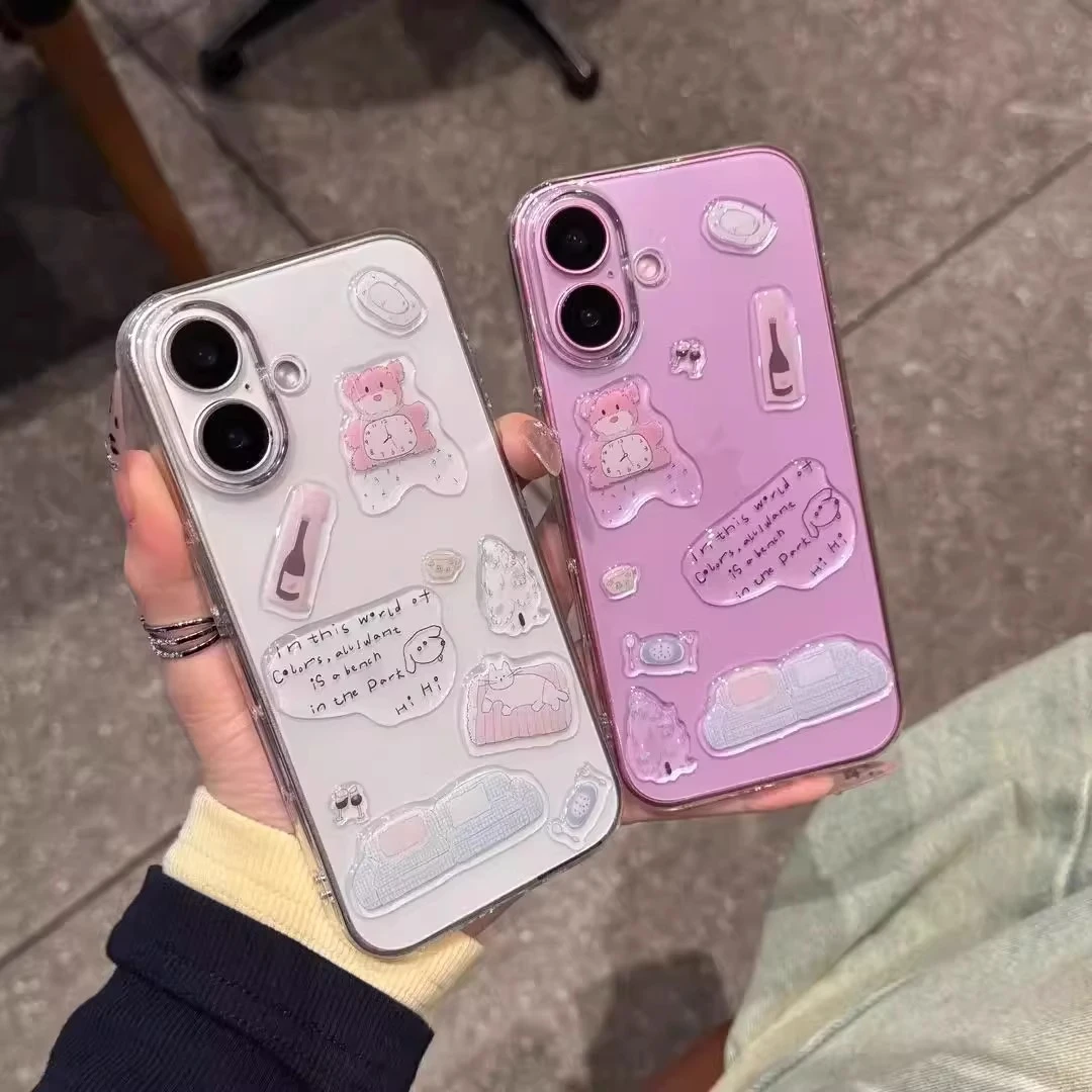 适用苹果16手机壳iphone16promax高级感DIY粉熊贴纸透明17promax
