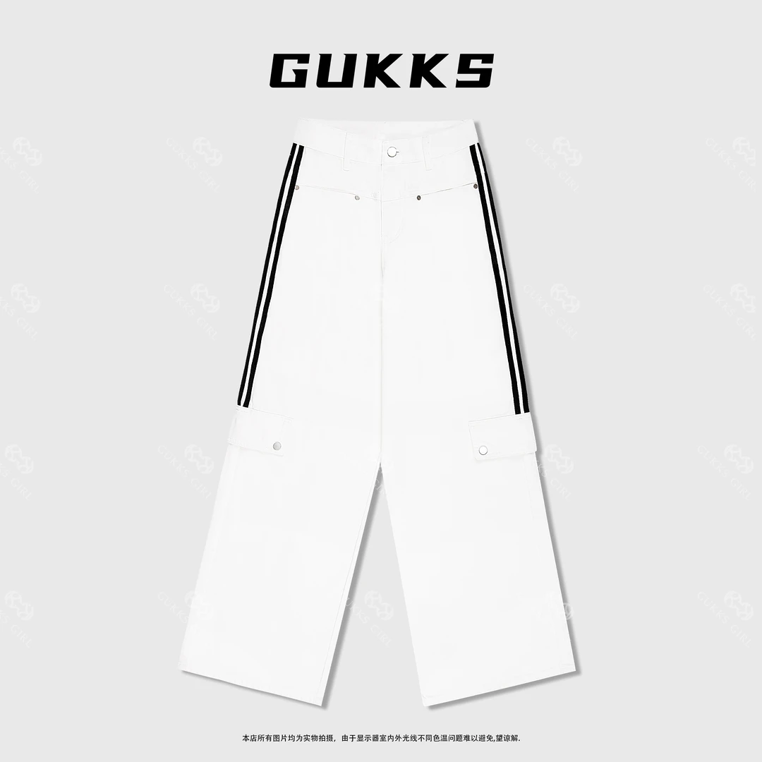 娜娜GUKKS//2025春季新款运动裤美式复古高腰百搭侧杠条工装裤女
