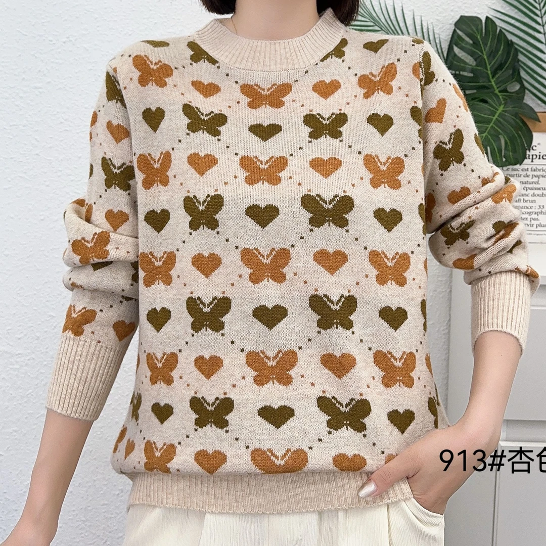 913女士时尚圆领蝴蝶花毛衣-A122***