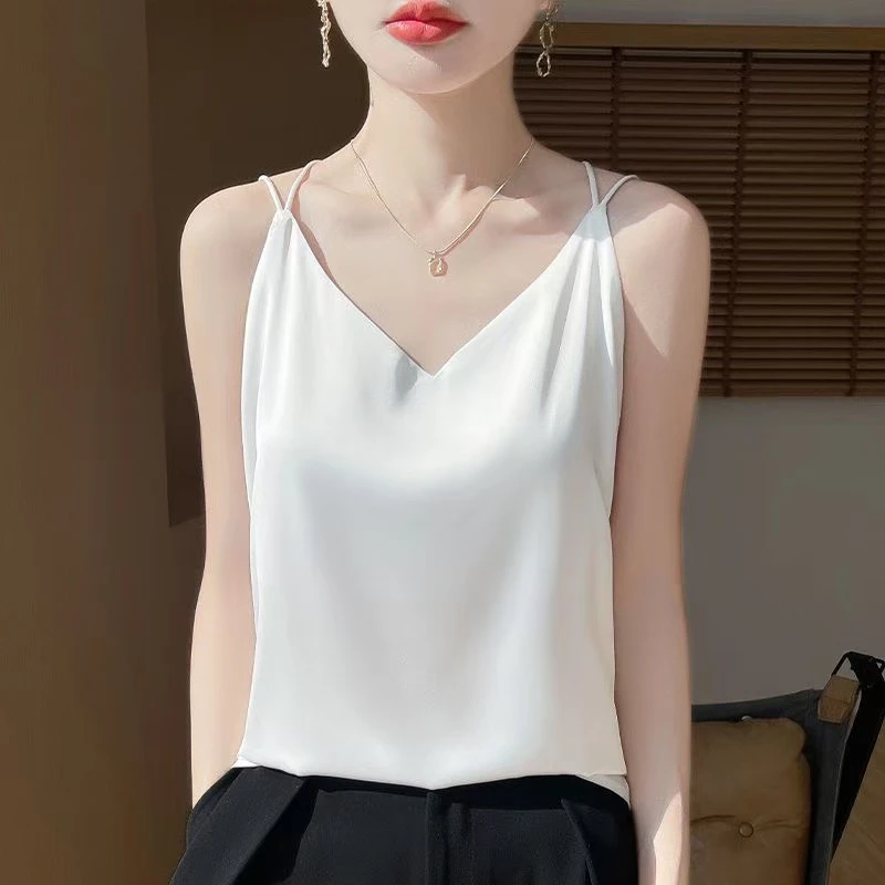 夏季吊带背心女内搭西装白色黑色打底缎面醋酸上衣小夏季v领D09