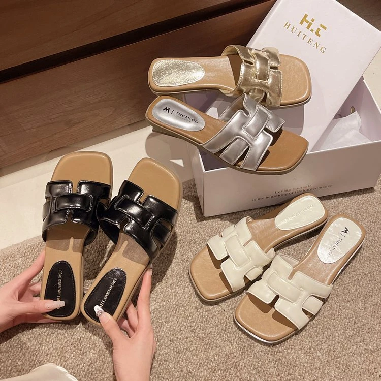 编织一字拖鞋女2025年夏季新款法式拖鞋外穿平底粗跟凉拖休闲百搭