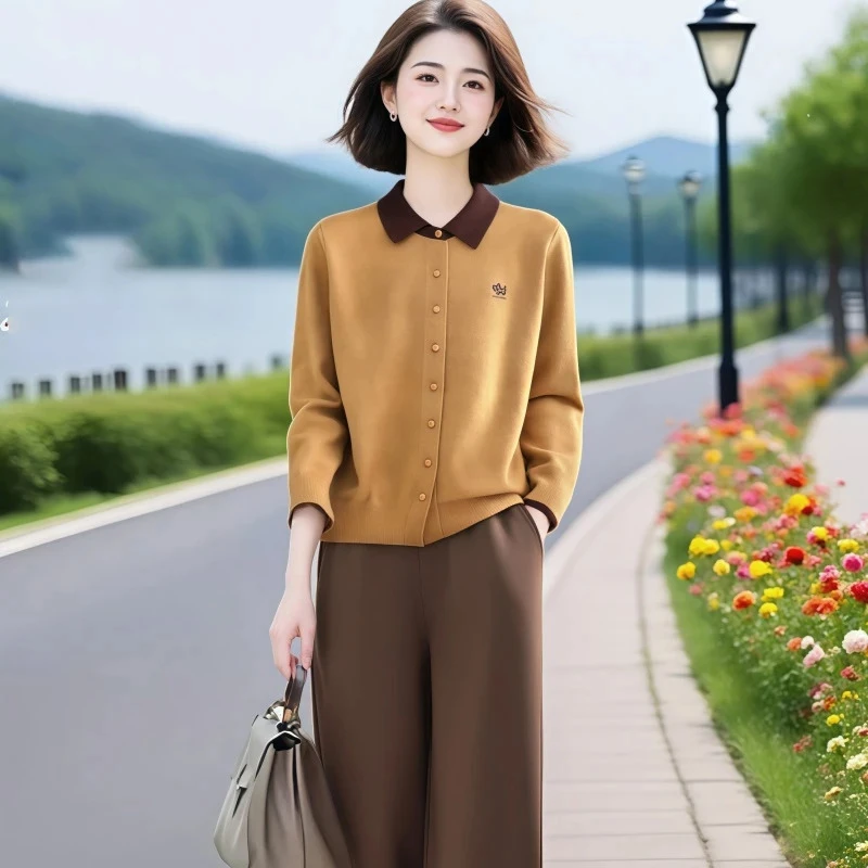 超好看穿搭针织衫撞色翻领上衣气质套装2025春秋长袖阔腿裤两件套