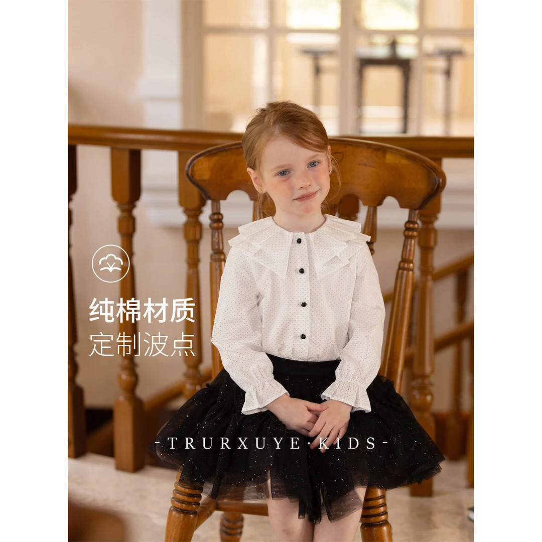 初煦 篙级气质！女童法式双层荷叶领娃娃衫 百搭甜美波点衬衫上衣