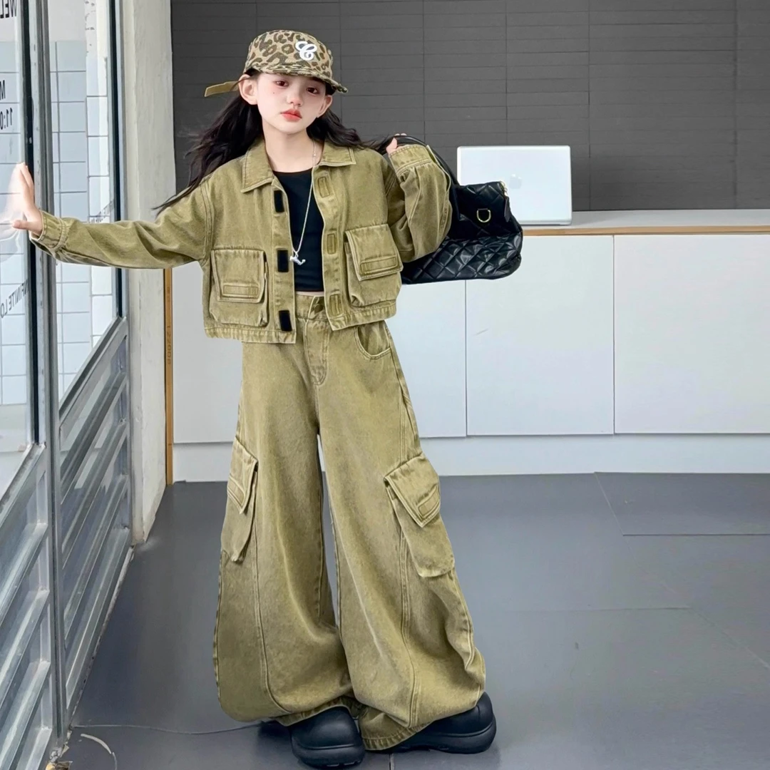 酷飒女童牛仔工装裤套装女童爵士舞蹈服少儿街舞走秀服秋装个性潮