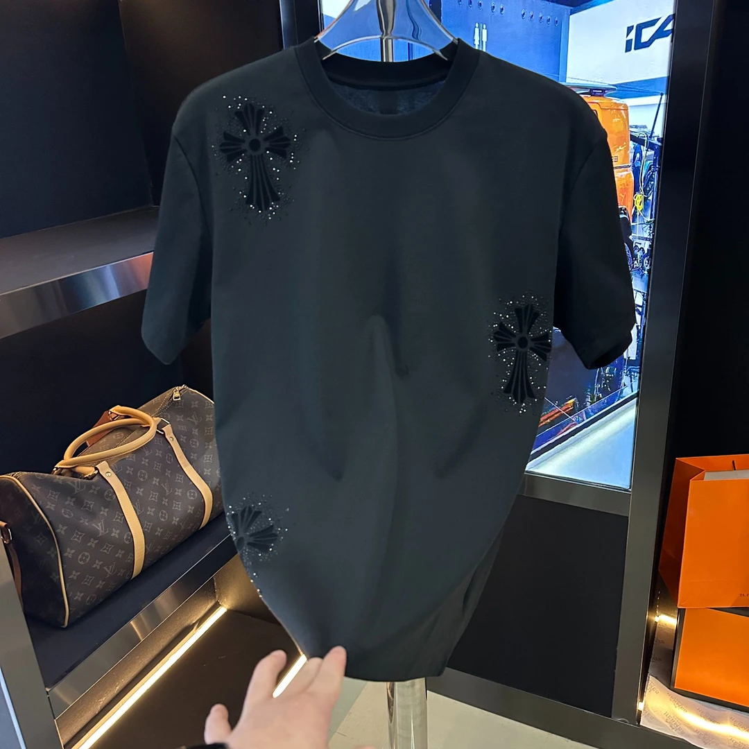 2025春季新款男士重工短袖潮流时尚烫钻设计T恤百搭休闲上衣ins潮